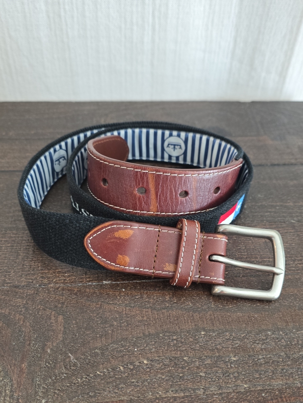 Peter Millar Black Canvas Belt with Brown Leather Accents and Striped Lining